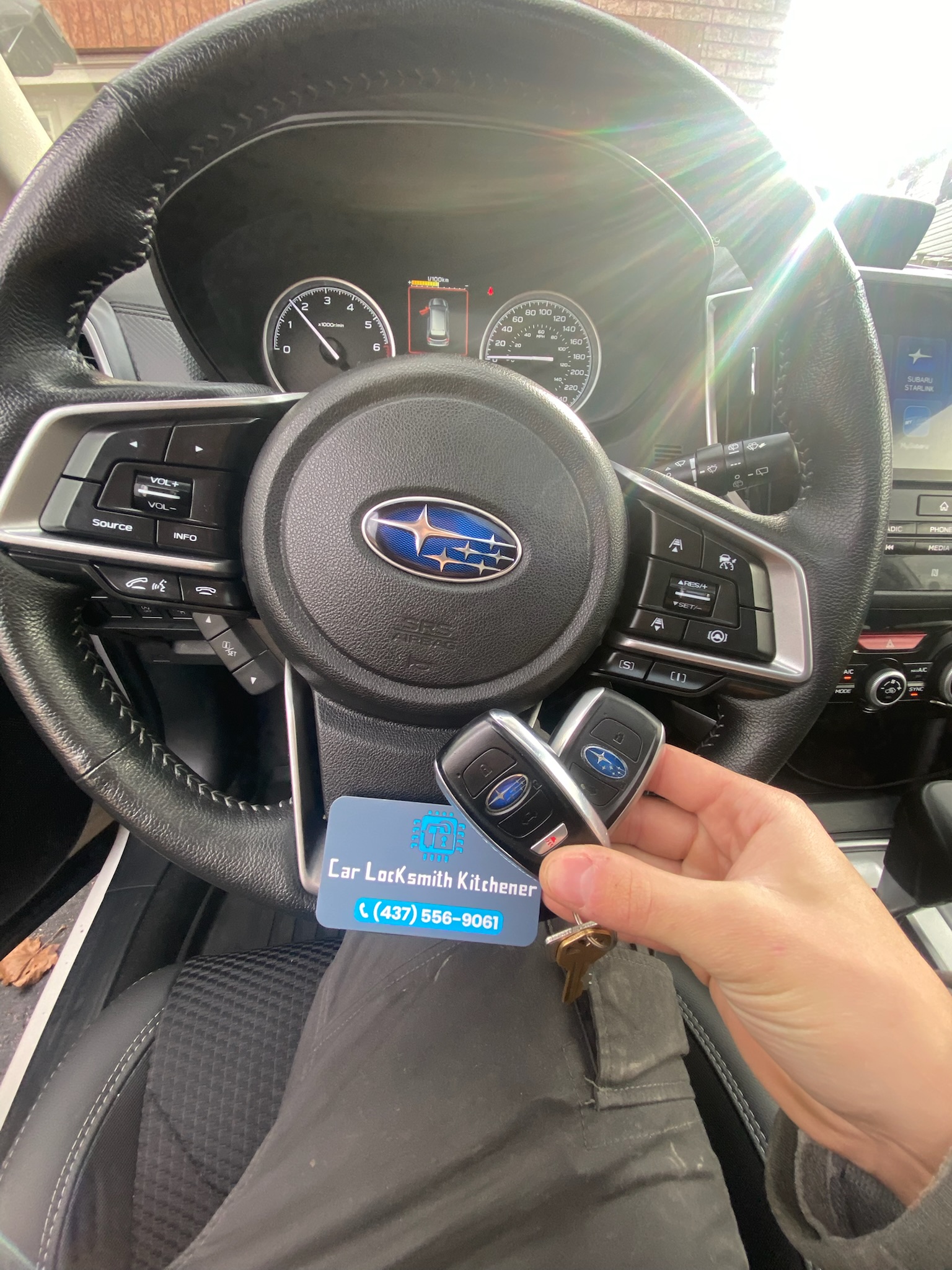 24/7 Mobile Car Locksmith in Waterloo; professional Subaru smart key fob programming and emergency car key replacement serving Kitchener, Cambridge, and Guelph. Expert automotive locksmith providing on-site transponder key cutting and duplicate car keys with no towing required.